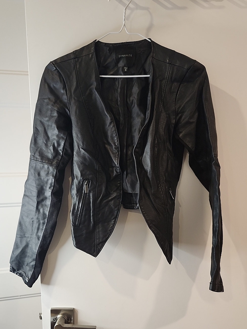 XS Dynamite Black Faux Leather Open-Front Jacket
